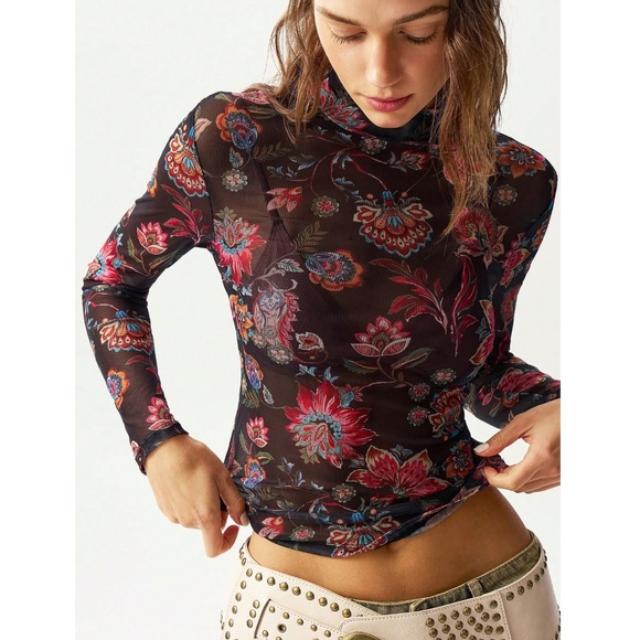 Black Multicolor Floral Print Mesh Sheer Shirt Top - Picture 2 of 9